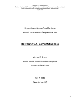 Restoring U.S. Competitiveness” Testimony by Michael E
