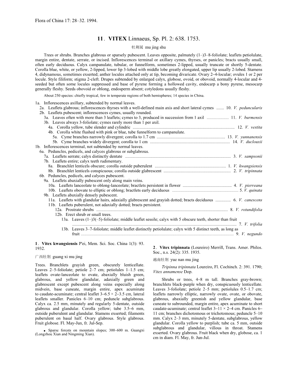 11. VITEX Linnaeus, Sp. Pl. 2: 638. 1753. 牡荆属 Mu Jing Shu Trees Or Shrubs