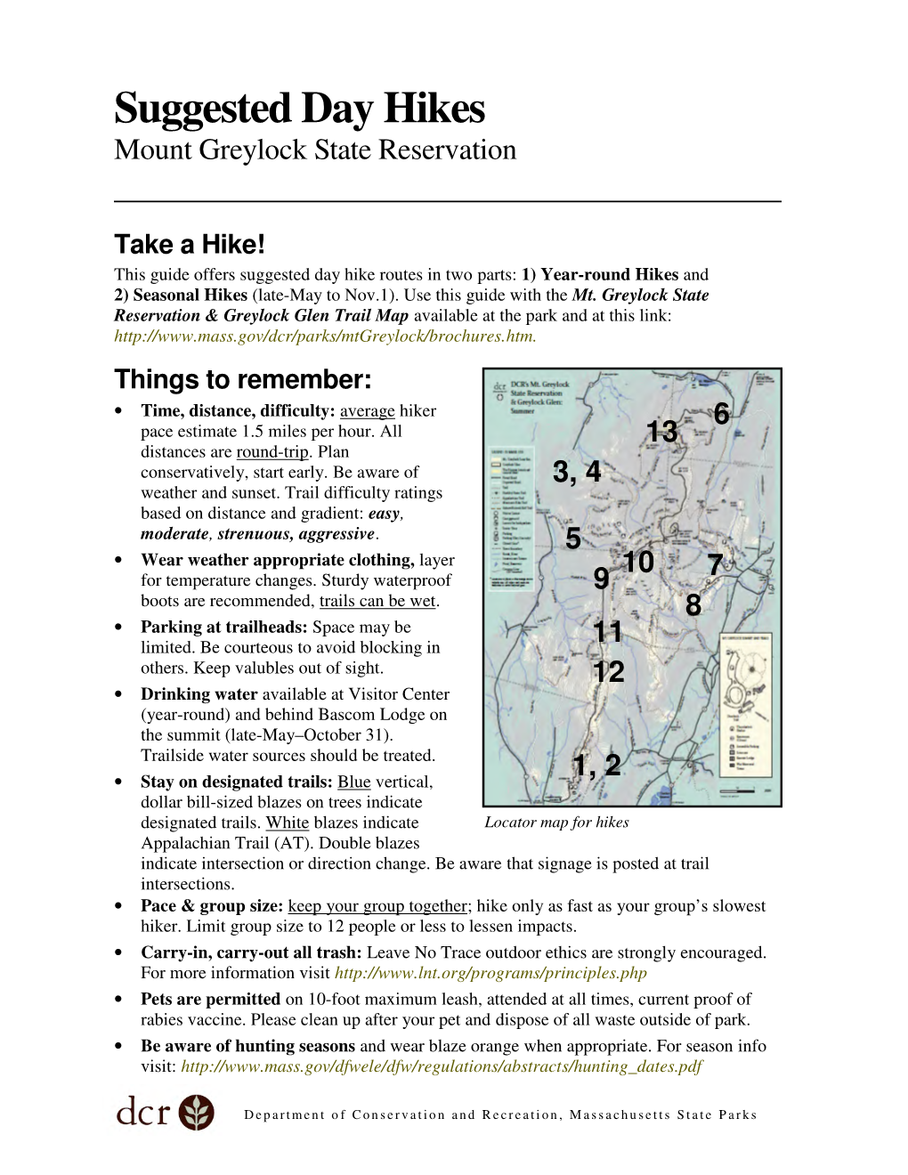 Suggested Day Hikes Mount Greylock State Reservation