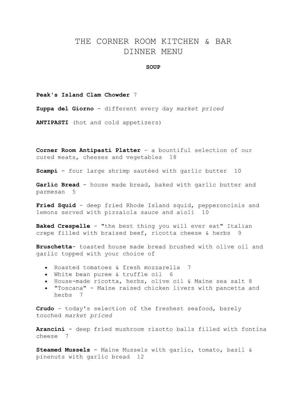 The Corner Room Kitchen & Bar Dinner Menu