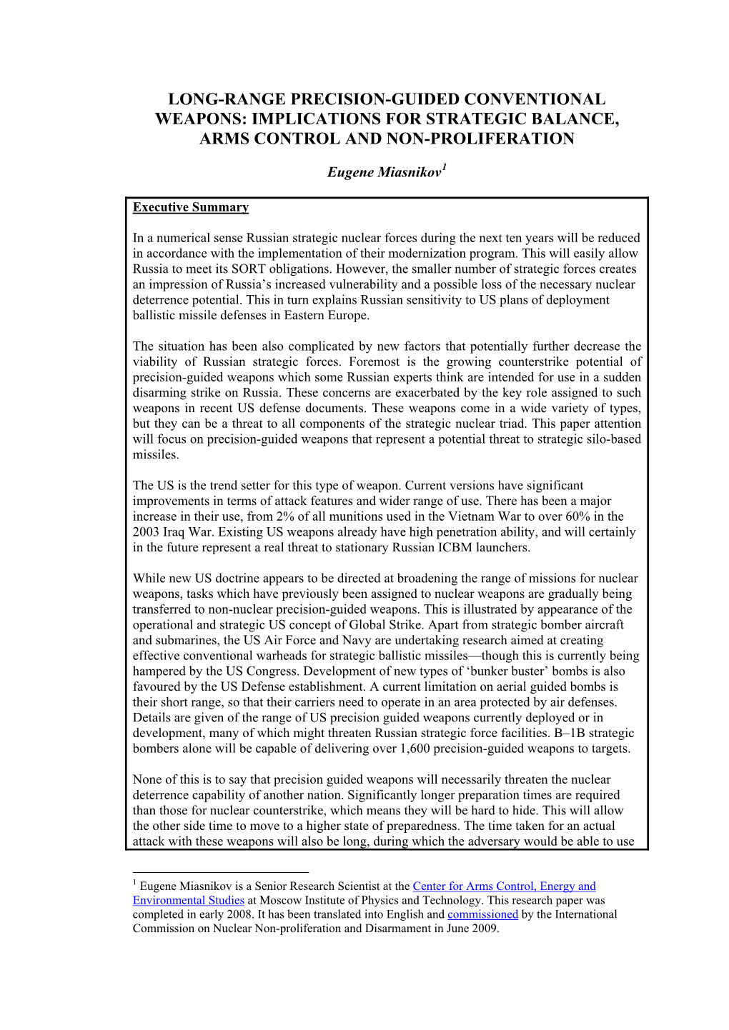 Long-Range Precision-Guided Conventional Weapons: Implications for Strategic Balance, Arms Control and Non-Proliferation