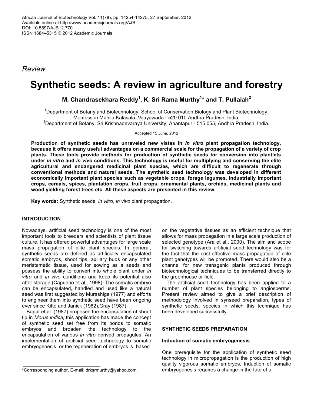 Synthetic Seeds: a Review in Agriculture and Forestry