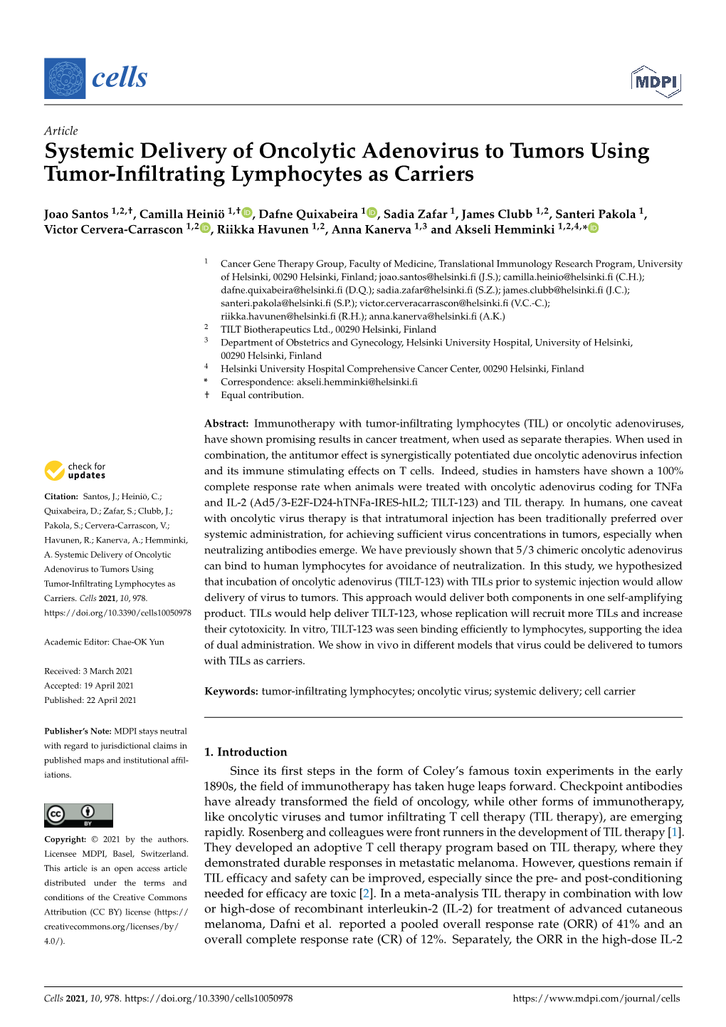 Systemic Delivery of Oncolytic Adenovirus to Tumors Using Tumor-Inﬁltrating Lymphocytes As Carriers