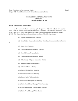 Texas Commission on Environmental Quality Page 1 Chapter 292 - Special Requirements for Certain Districts and Authorities