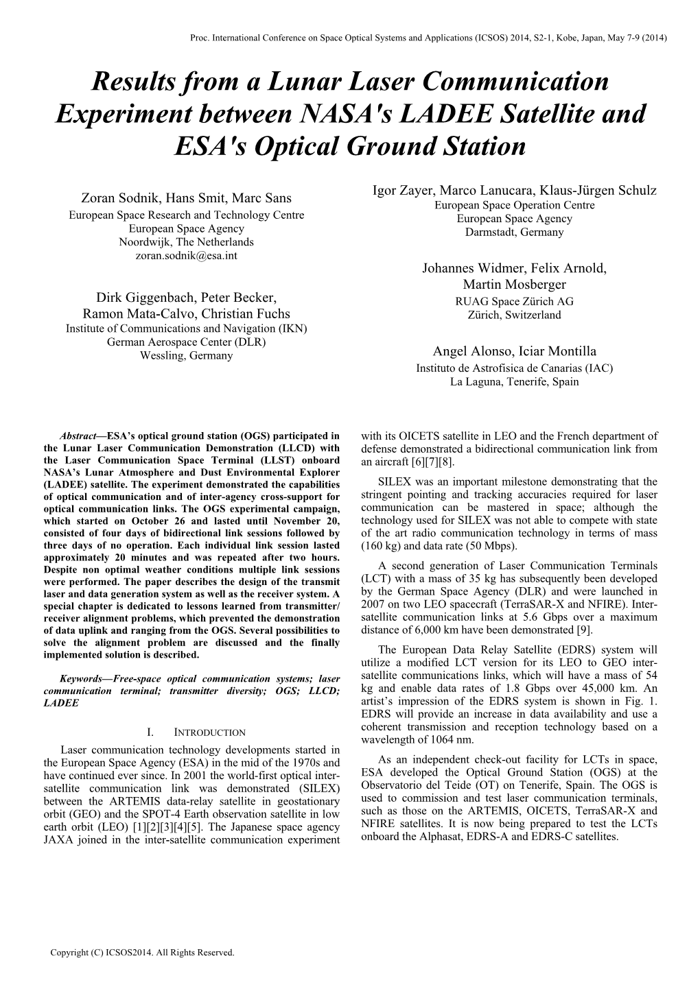 Results from a Lunar Laser Communication Experiment Between NASA's LADEE Satellite and ESA's Optical Ground Station