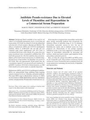 Antifolate Pseudo-Resistance Due to Elevated Levels of Thymidine and Hypoxanthine in a Commercial Serum Preparation