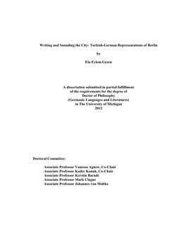 Turkish-German Representations of Berlin by Ela Eylem Gezen a Dissertation Submitted in Partial F