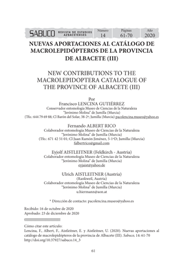 Sabuco 14 61-70 2020 Nuevas Aportaciones Al Catálogo De Macrolepidópteros De La Provincia De Albacete (Iii)