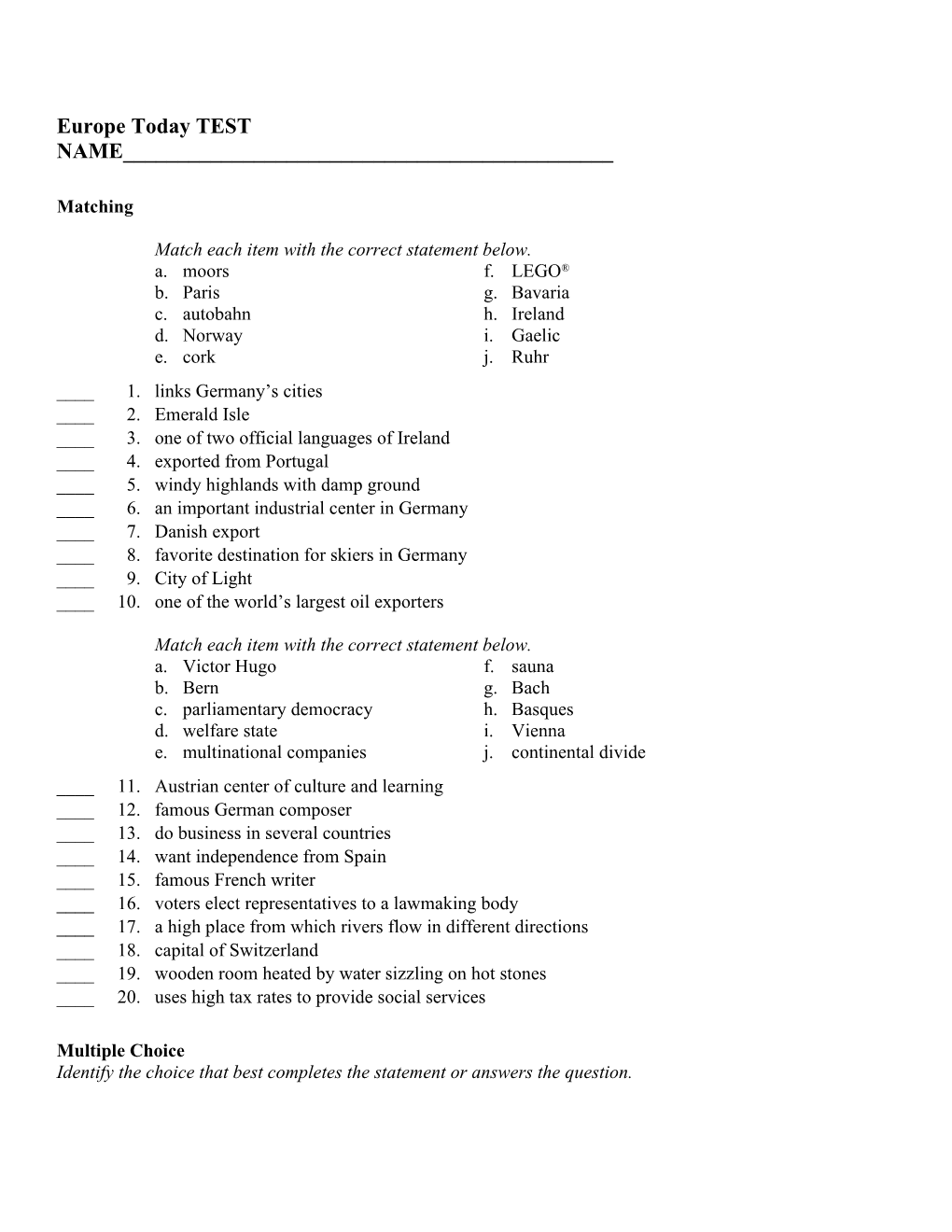 Match Each Item with the Correct Statement Below s1