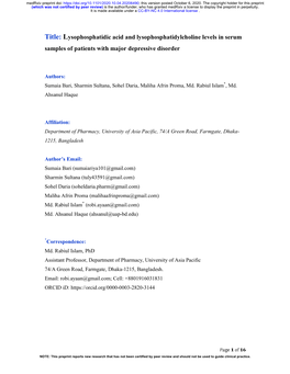 Title: Lysophosphatidic Acid and Lysophosphatidylcholine Levels in Serum Samples of Patients with Major Depressive Disorder