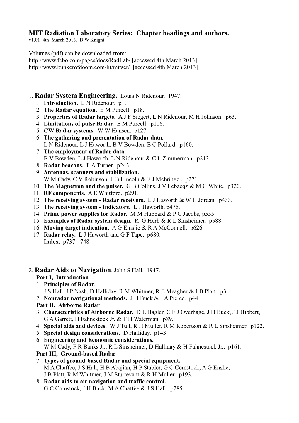 MIT Radiation Laboratory Series: Chapter Headings and Authors