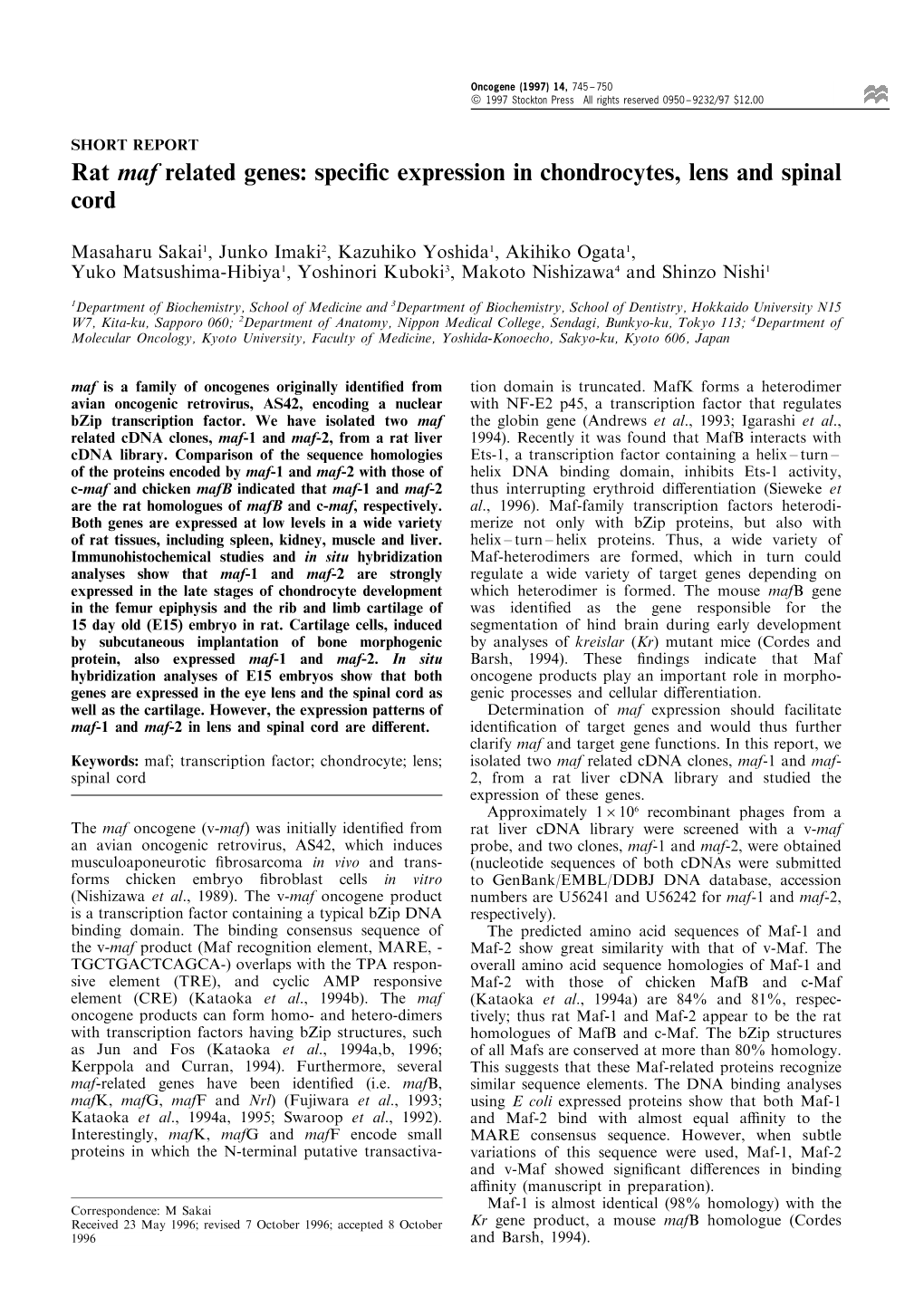 Rat Maf Related Genes: Speci®C Expression in Chondrocytes, Lens and Spinal Cord