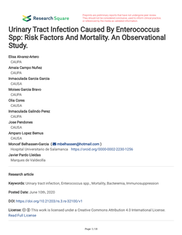 Urinary Tract Infection Caused by Enterococcus Spp: Risk Factors and Mortality