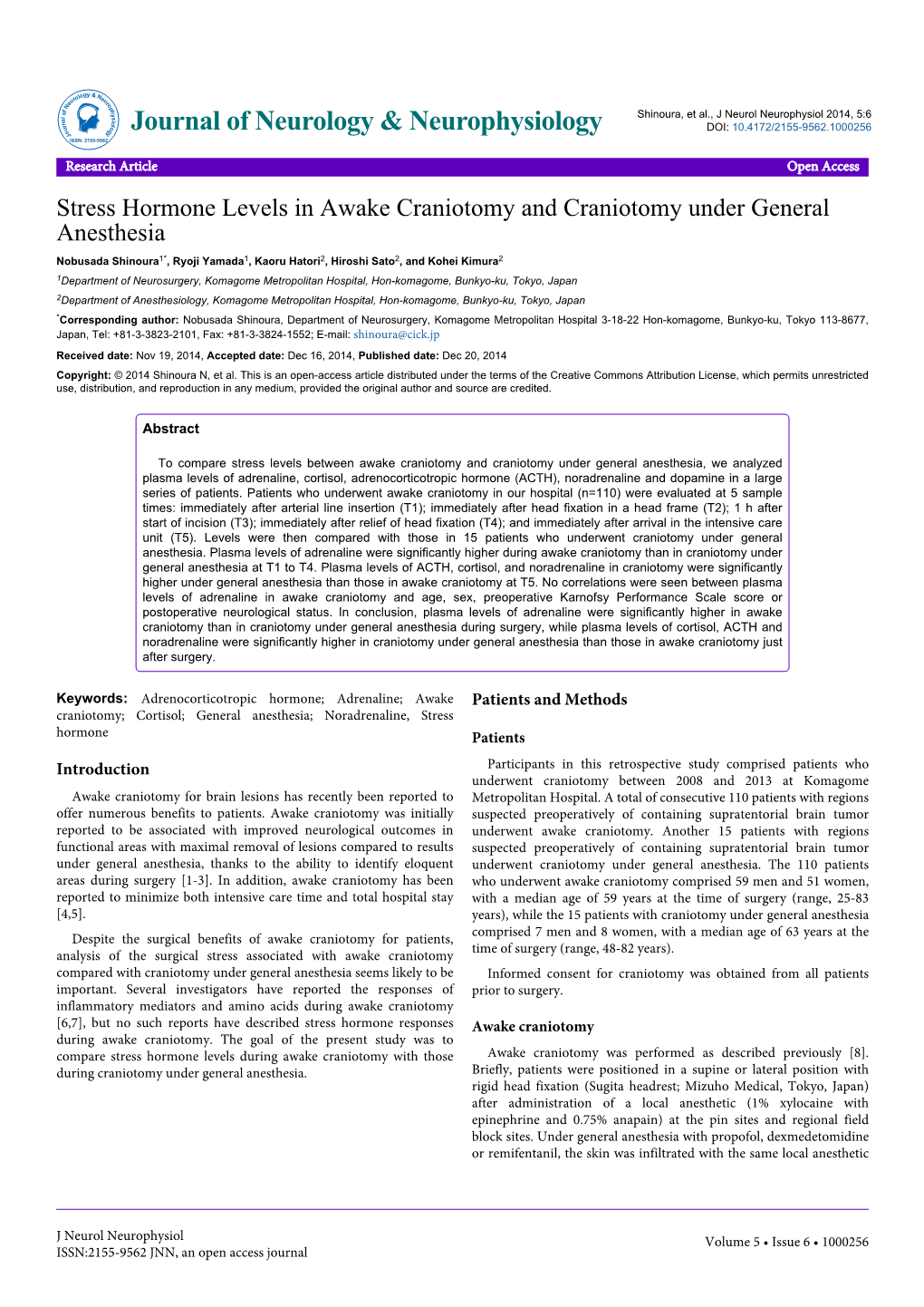 Stress Hormone Levels in Awake Craniotomy and Craniotomy Under