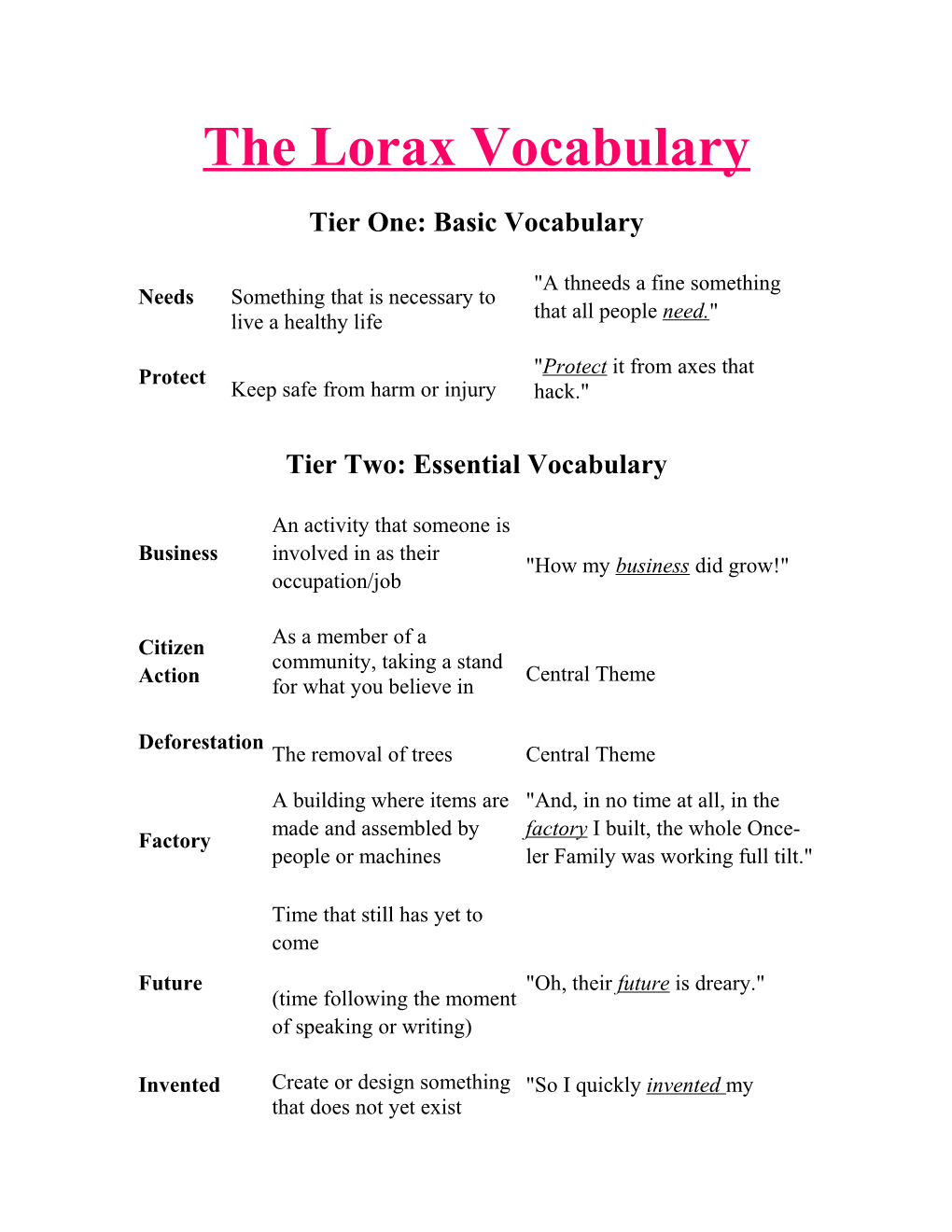 Tier One: Basic Vocabulary