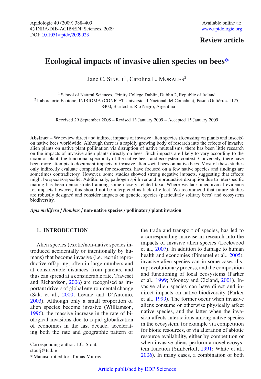 Ecological Impacts of Invasive Alien Species on Bees*