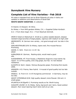 Sunnybank Vine Nursery Complete List of Vine Varieties