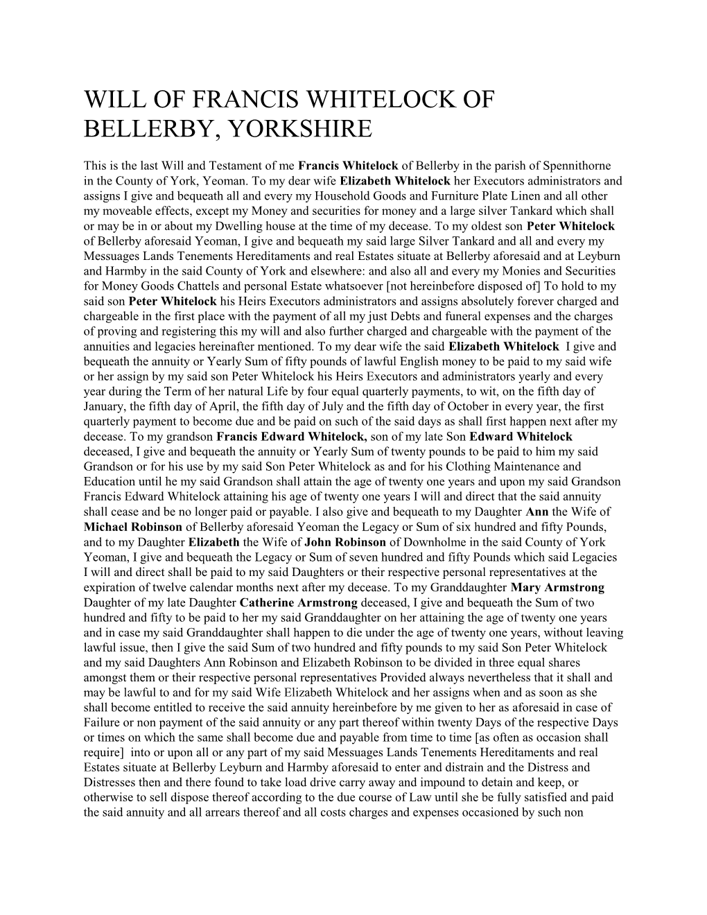 Will of Francis Whitelock of Bellerby, Yorkshire