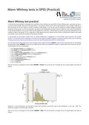Mann-Whitney Tests in SPSS (Practical) Centre for Multilevel Modelling the Development of This E-Book Has Been Supported by the British Academy