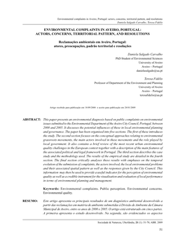 Environmental Complaints in Aveiro, Portugal: Actors, Concerns, Territorial Pattern, and Resolutions Daniela Salgado Carvalho, Teresa Fidélis