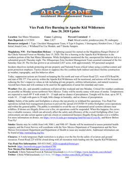 Vics Peak Fire Burning in Apache Kid Wilderness June 20, 2020 Update