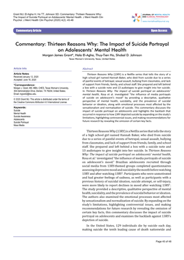 Commentary: Thirteen Reasons Why: the Impact of Suicide Portrayal on Adolescents' Mental Health