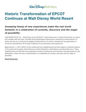 Historic Transformation of EPCOT Continues at Walt Disney World Resort