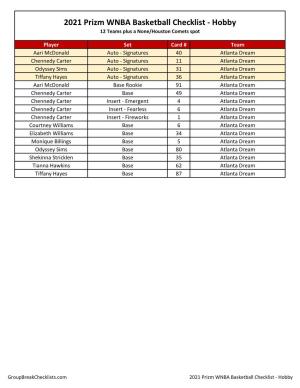 2021 Prizm WNBA Basketball Checklist - Hobby 12 Teams Plus a None/Houston Comets Spot