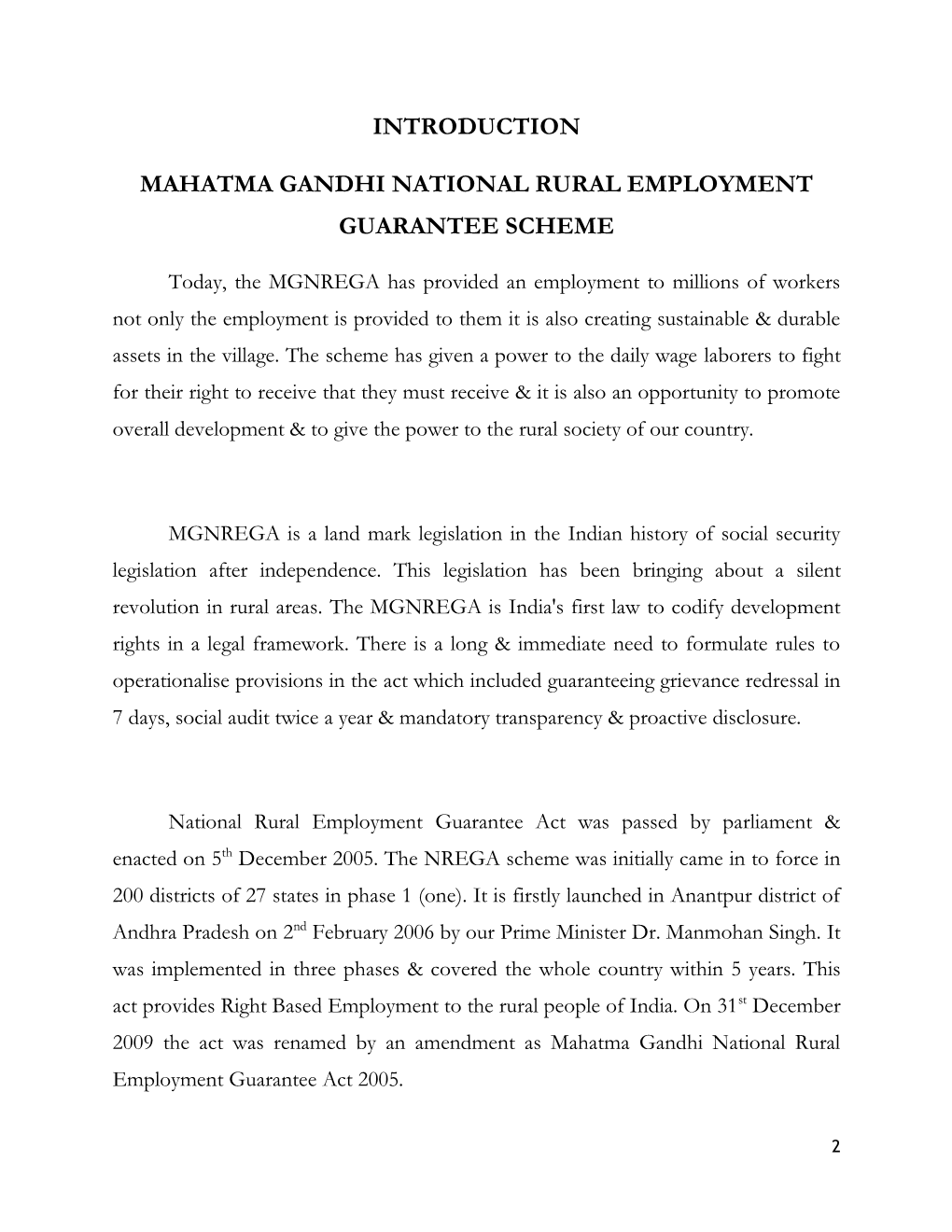Introduction Mahatma Gandhi National Rural Employment