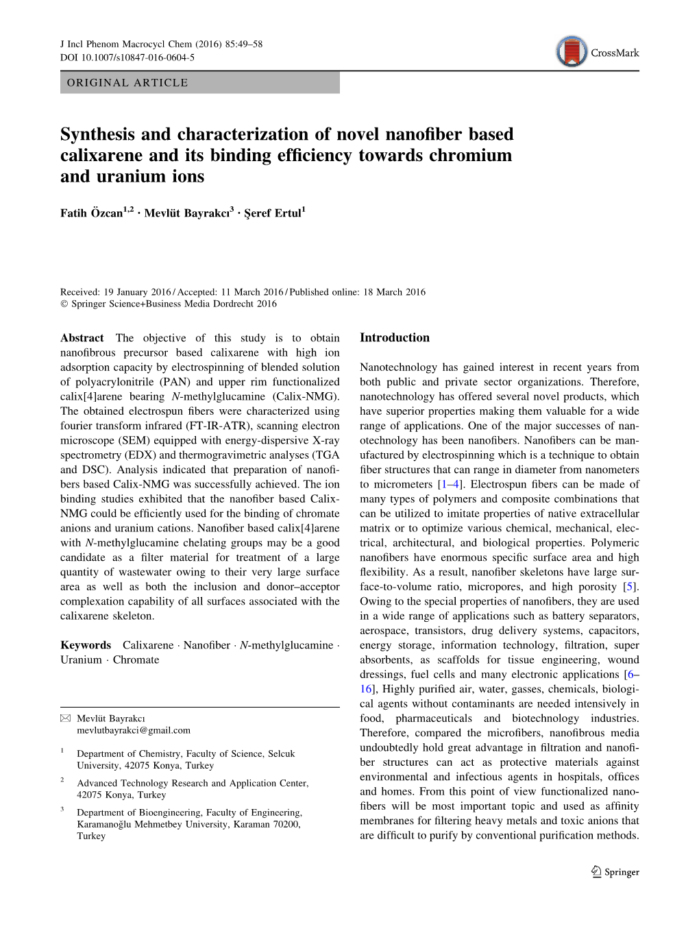 Synthesis and Characterization of Novel Nanofiber Based Calixarene