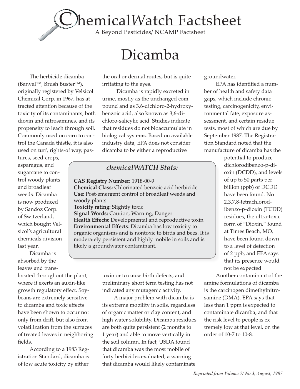 Dicamba C Hemicalwatch Factsheet