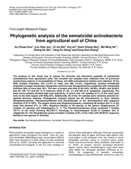 Phylogenetic Analysis of the Nematicidal Actinobacteria from Agricultural Soil of China