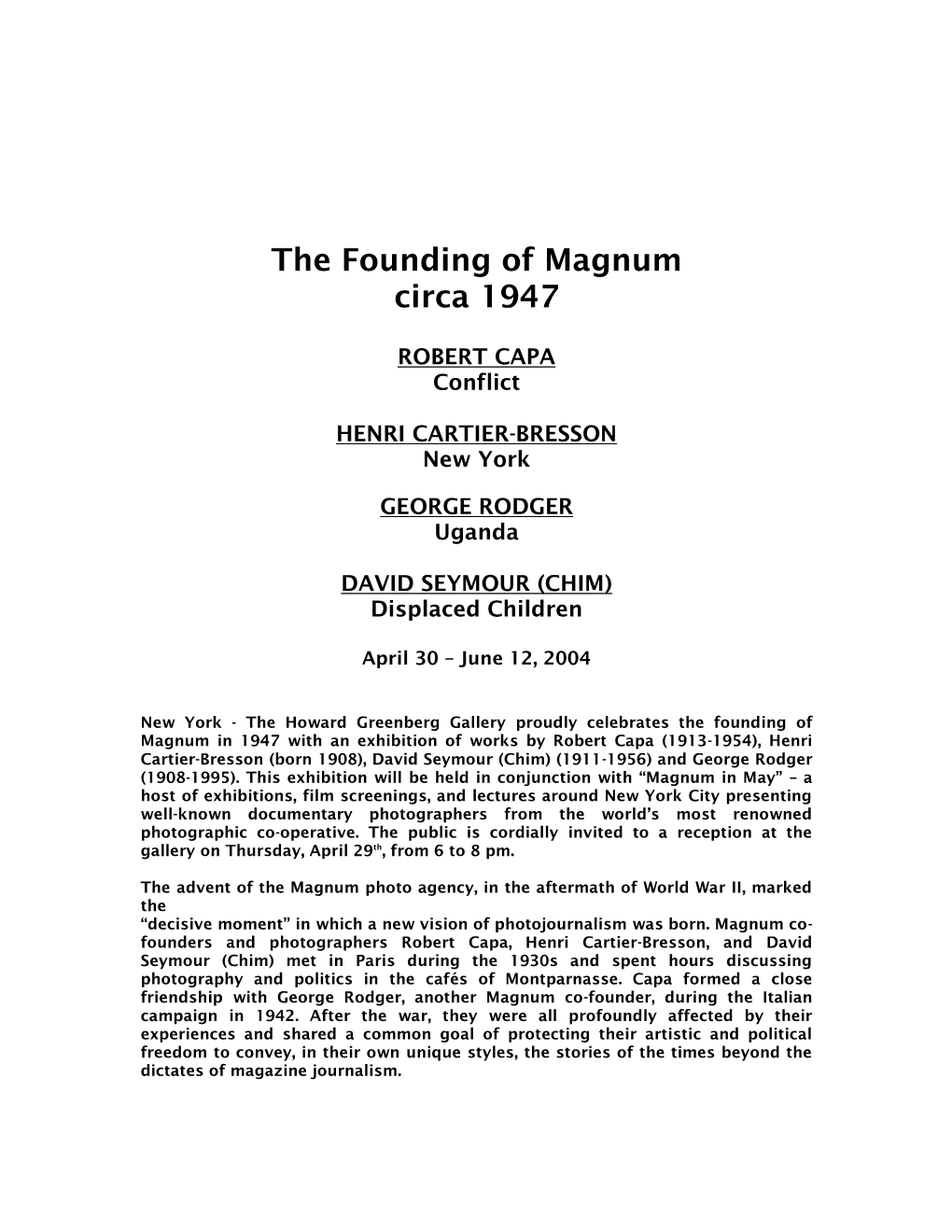 The Howard Greenberg Gallery Celebrates the Founding of Magnum