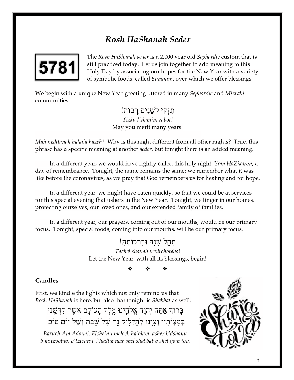Rosh Hashanah Seder רָ בּוֹת לְשָׁנִים תִזְקוּ