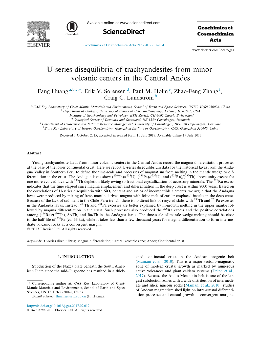 U-Series Disequilibria of Trachyandesites from Minor Volcanic Centers in the Central Andes