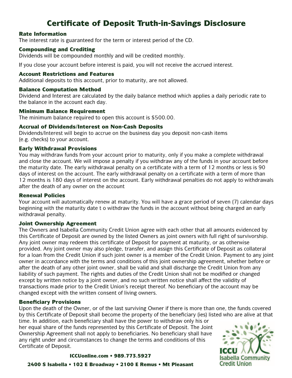 Certificate of Deposit Truth-In-Savings Disclosure Rate Information the Interest Rate Is Guaranteed for the Term Or Interest Period of the CD