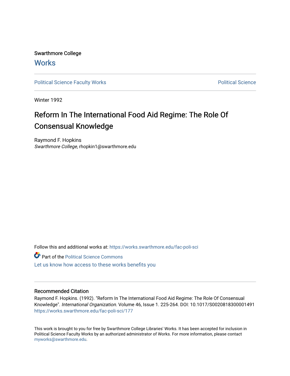 Reform in the International Food Aid Regime: the Role of Consensual Knowledge