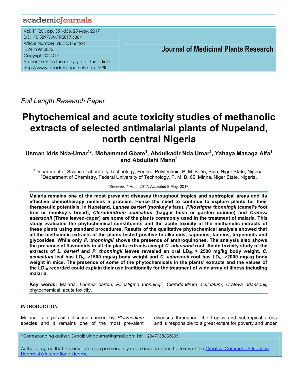 Phytochemical and Acute Toxicity Studies of Methanolic Extracts of Selected Antimalarial Plants of Nupeland, North Central Nigeria