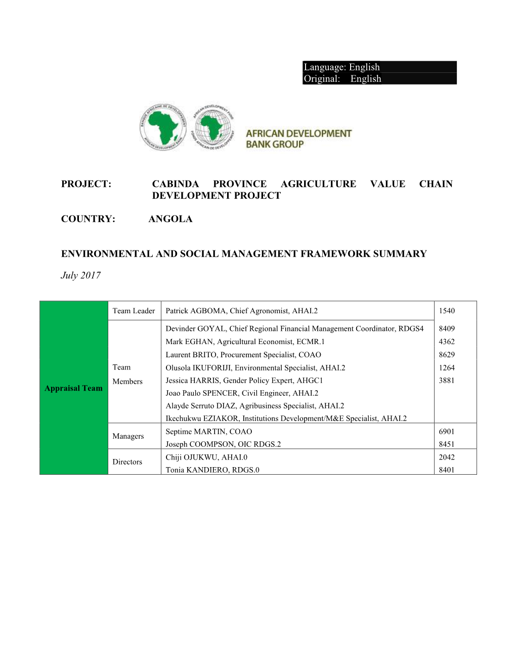 Cabinda Province Agriculture Value Chain Development Project