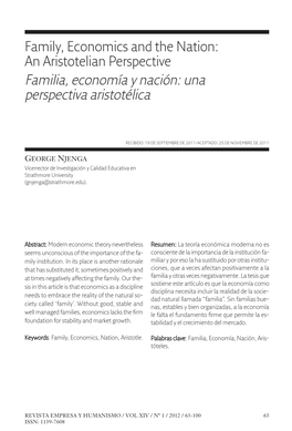 Family, Economics and the Nation: an Aristotelian Perspective Familia, Economía Y Nación: Una Perspectiva Aristotélica