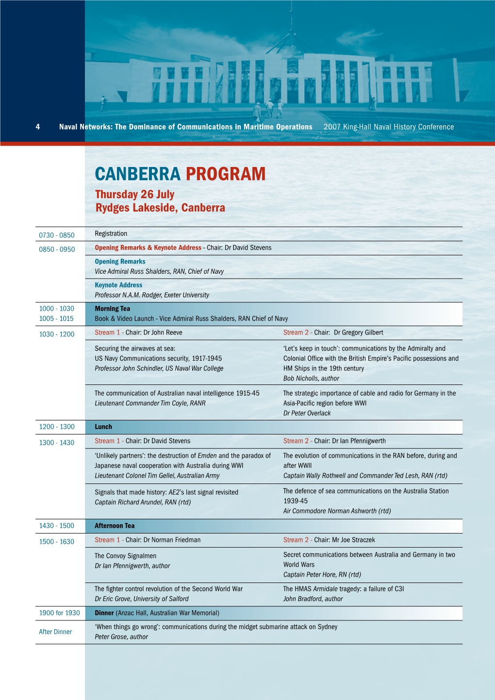 CANBERRA PROGRAM Thursday 26 July Rydges Lakeside, Canberra