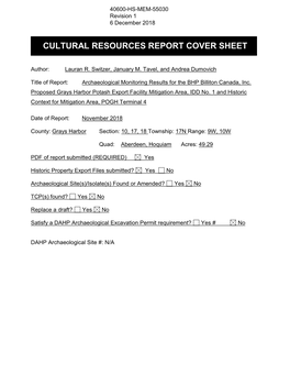 Cultural Resources Report Cover Sheet