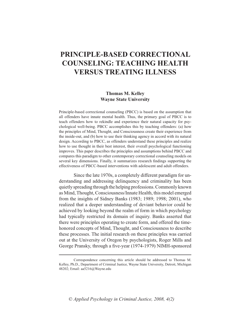 Principle-Based Correctional Counseling: Teaching Health Versus Treating Illness