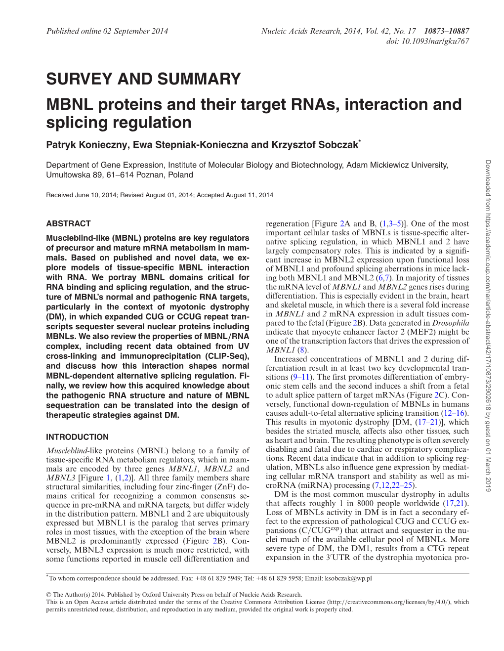 SURVEY and SUMMARY MBNL Proteins and Their Target Rnas