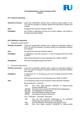 Driving Restrictions, Goods Transport, 2018 France Art.1 General Restrictions Vehicles Concerned Trucks and Combination Vehicles