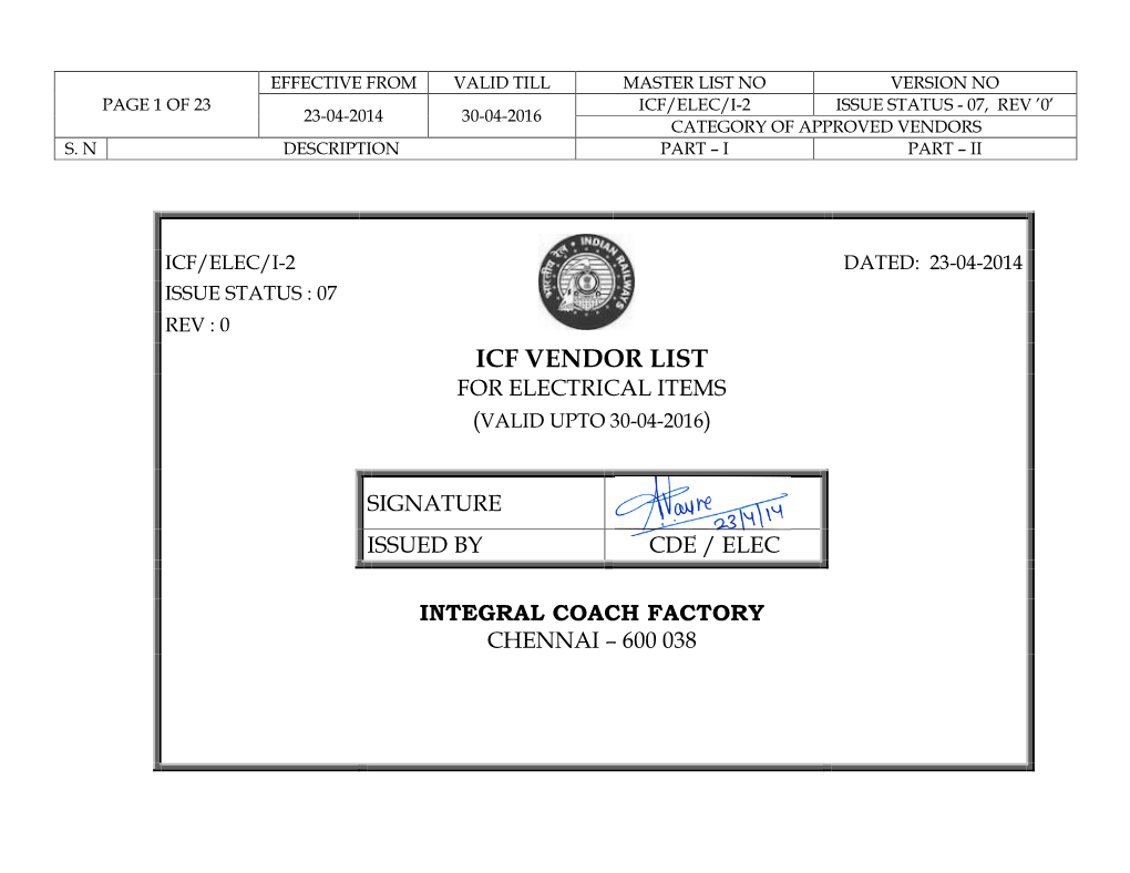 Icf Vendor List for Electrical Items (Valid Upto 30-04-2016)