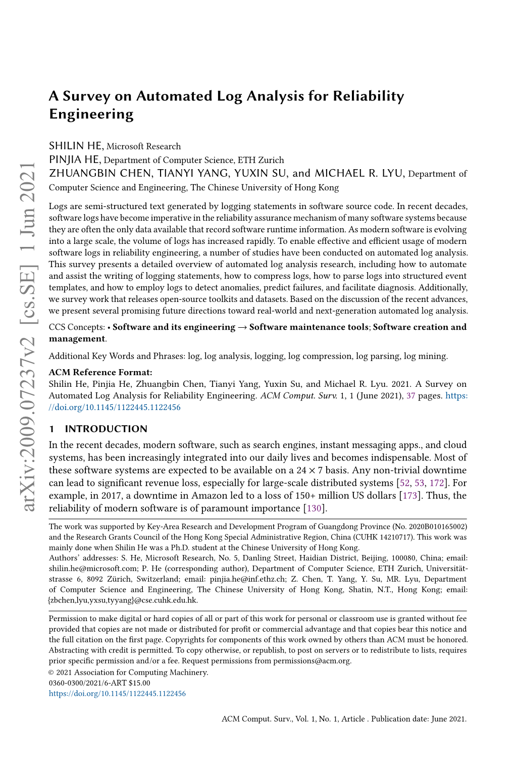 A Survey on Automated Log Analysis for Reliability Engineering