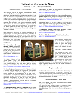 Tridentine Community News February 12, 2012 – Sexagesima Sunday