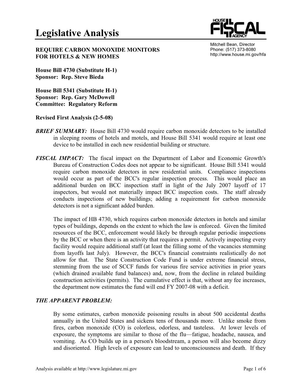 Legislative Analysis Mitchell Bean, Director REQUIRE CARBON MONOXIDE MONITORS Phone: (517) 373-8080 for HOTELS & NEW HOMES