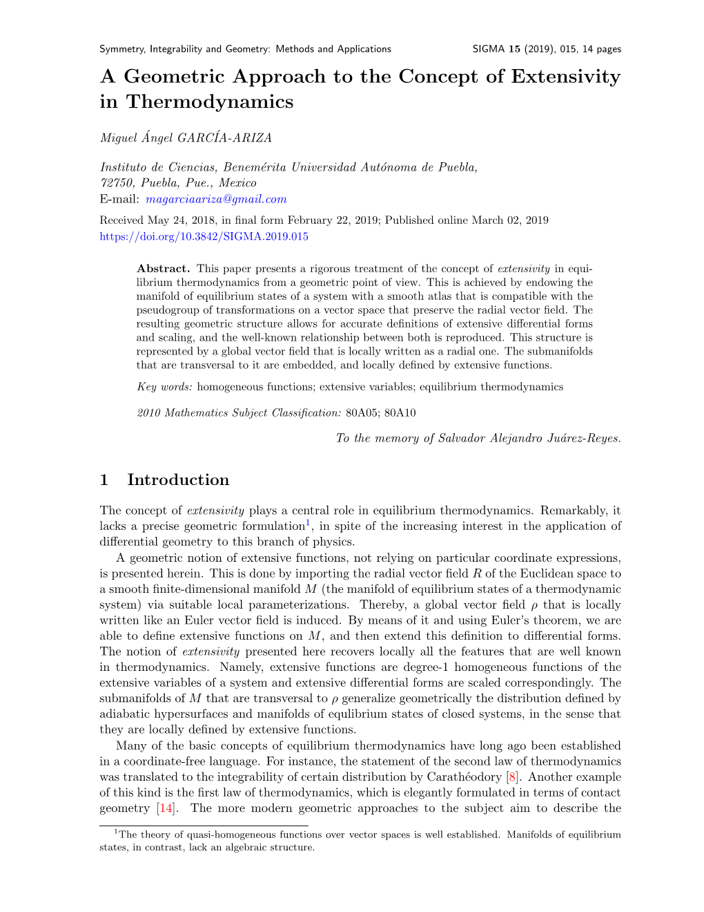 A Geometric Approach to the Concept of Extensivity in Thermodynamics